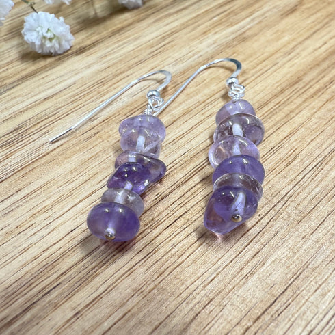 Tumbled Amethyst Drop Earrings, 1.5" Sterling Hooks